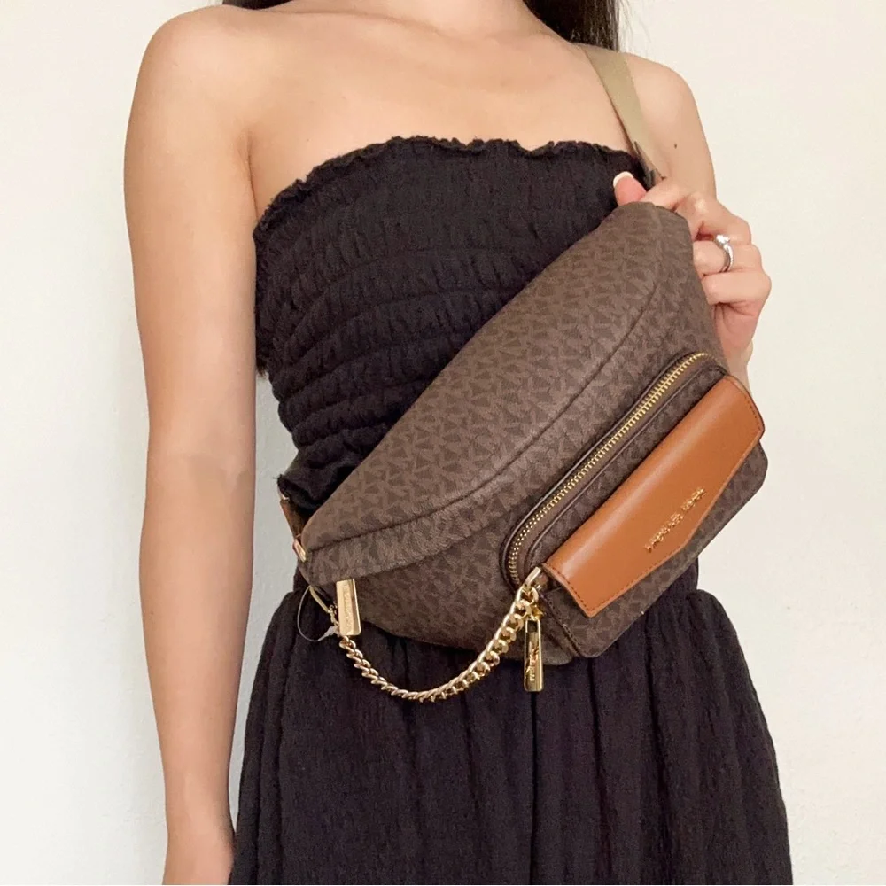 Michael Kors Maisie 2 In 1 Large Waistpack Fannypack Belt Bag Brown MK Signature - Picture 3 of 6
